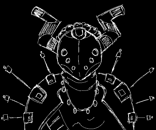 A profile drawing of an ancient. She has a relatively flat mask with two horns, and is wearing shoulder pads with longer attachments.