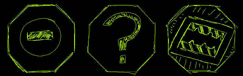 Three overseer hexagons displaying a do not disturb sign, a question mark, and the teeth of a recycler.
