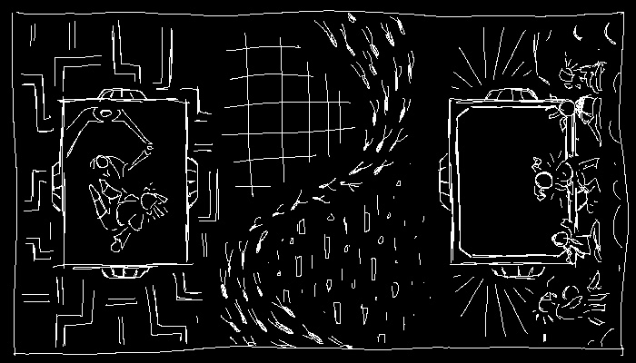 A vertical spiral of neuronflies, framed by Crooked Band and Three Points Poised's puppet on one side, and a group of ancients sitting and watching a screen on the other.