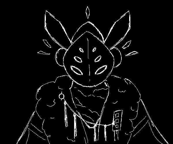 A profile drawing of an ancient. She has a flat mask with six slanted eyes, and is wearing a fur coat with a low neckline that shows off the colour banding on her skin.