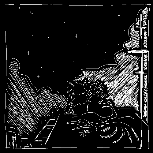 Two ancients sitting and looking out at distant clouds. A vulture is flopped beside them, and one is petting it.