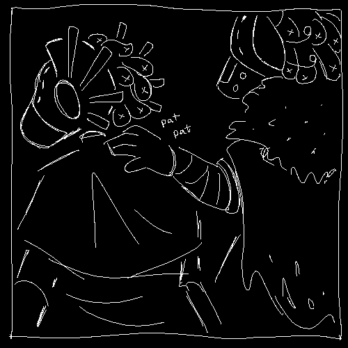 The hairdresser pats the other ancient's shoulder.