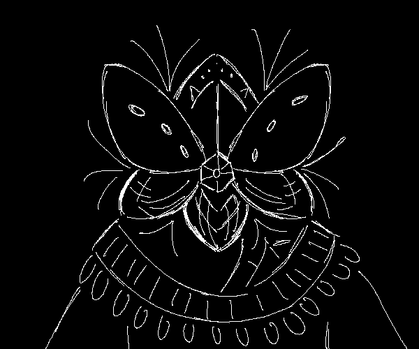A profile drawing of an ancient. She has a mask like a flower with whiskers sticking out between its ornate petals. She wears an off-the-shoulder top with a bejewelled collar.