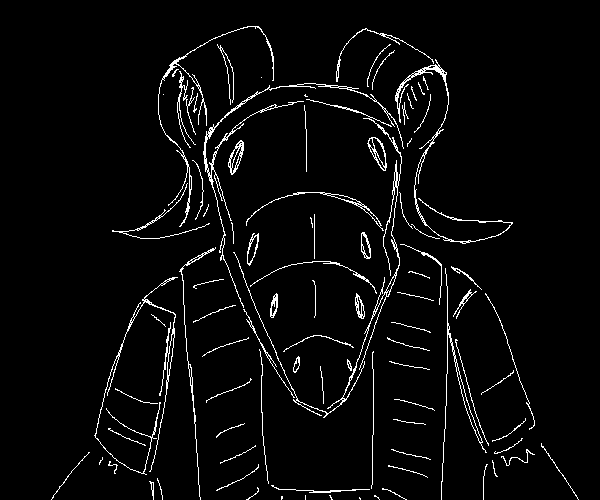 A profile drawing of an ancient. She has a long mask with long curling horns and a set of eyeholes on each of its many segments. Her jewellery is thick and heavy.