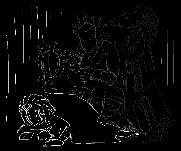 An ancient collapsed on the ground. Behind them, their past lives are in an increasingly worse state the closer to the present they get.