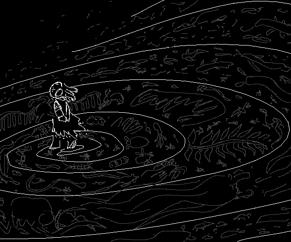 A child at the center of an abstract spiral.