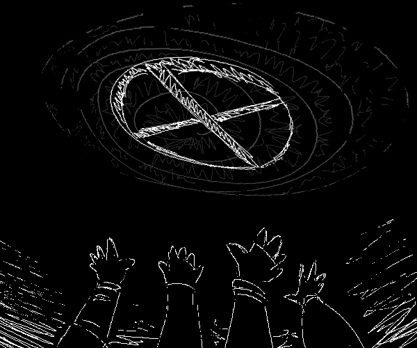 Hands reaching for the tenth karma symbol, which the spiral is locked behind.