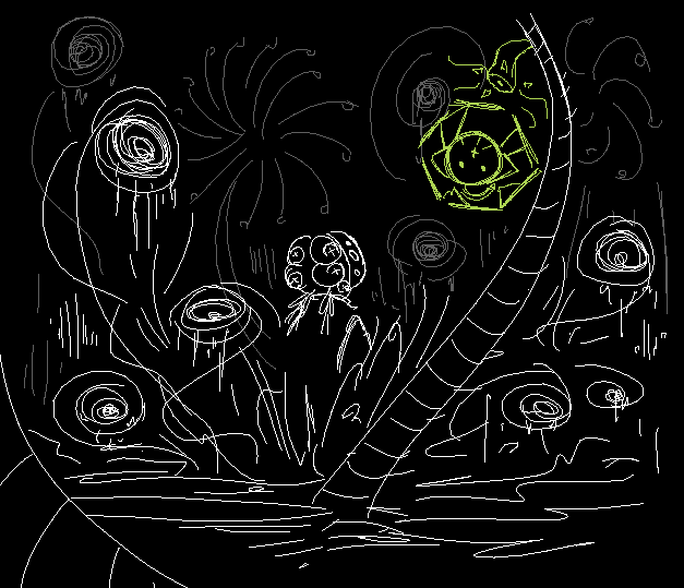 A child sitting amongst alien plants while an overseer watches from a tree. The overseer projects an image of TPP's puppet.